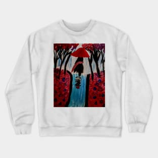 A lady with umbrella walking down a rain soaked footpath. Through a park Crewneck Sweatshirt